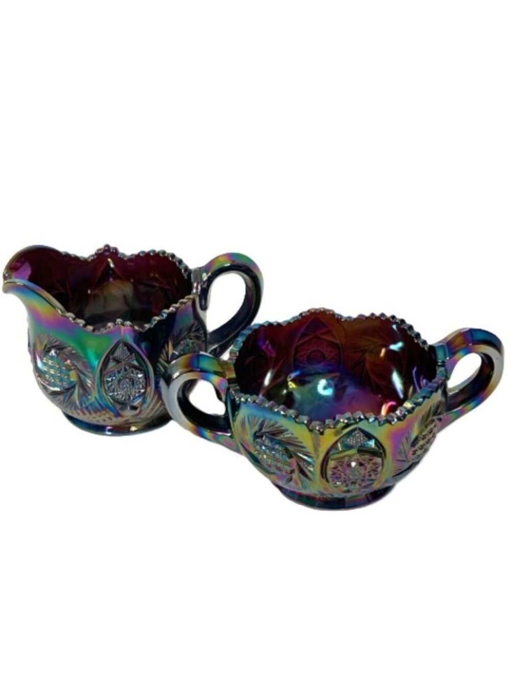Vintage Carnival Glass Cream and Sugar Set Iridescent Amethyst Pinwheel Hobstar